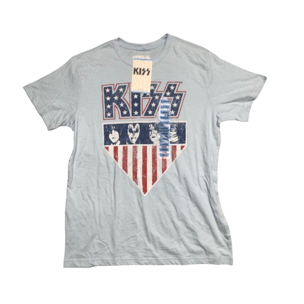 KISS Band T-Shirt Mens Large Light Blue American Flag Graphic Rock Tee